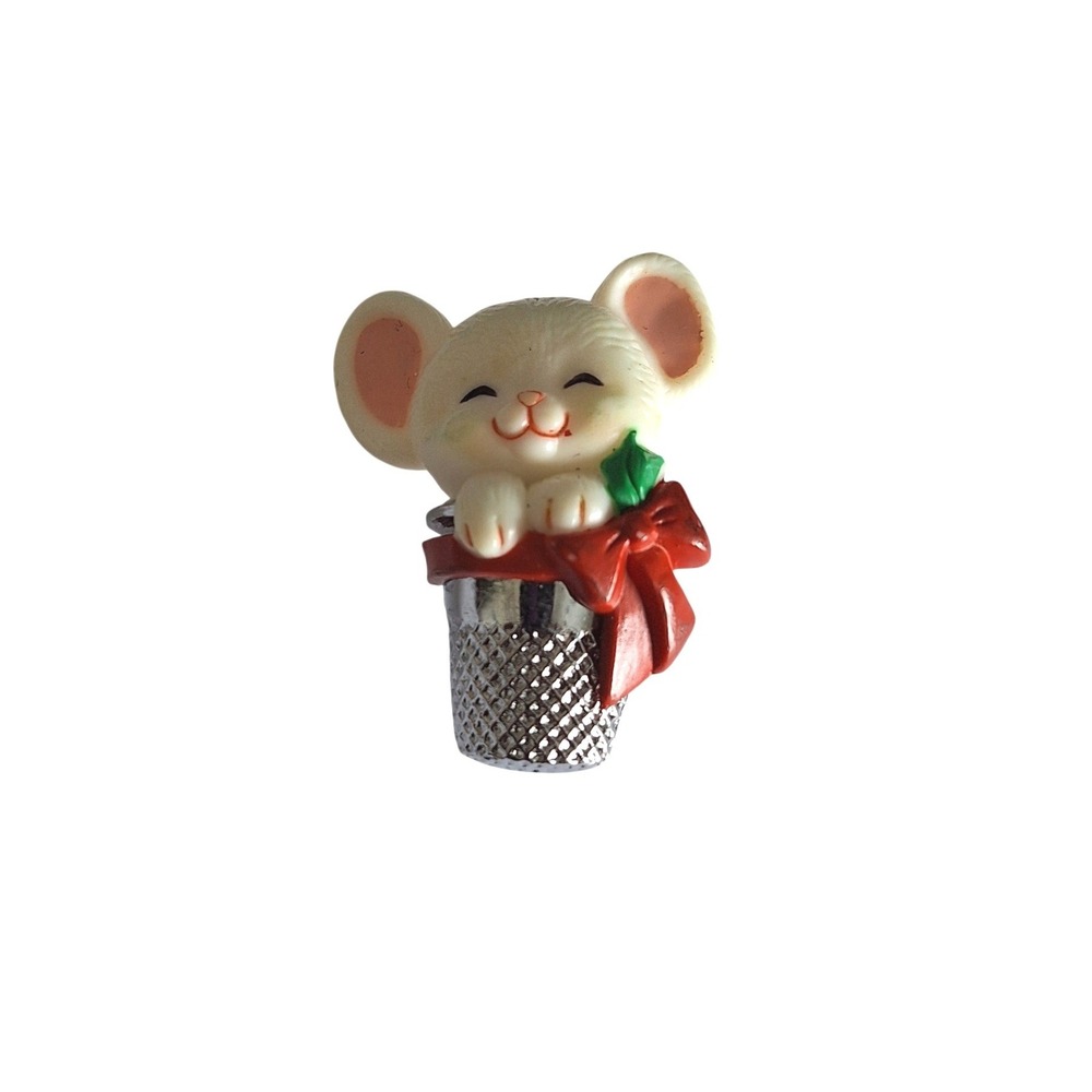 Vintage 1982 Hallmark Mouse  Thimble Christmas Pin Brooch Red Bow Retro Holiday